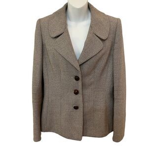 Ellen Tracy 97% wool blazer jacket brown beige tweed pattern size 6